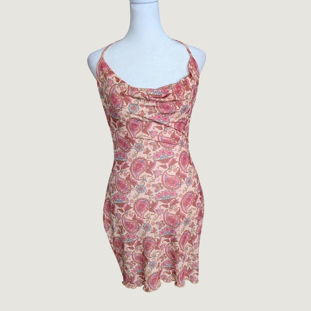 Tiger Mist‎ Pink Paisley Butterfly Cowl Neck Halter Mini Dress Size Small